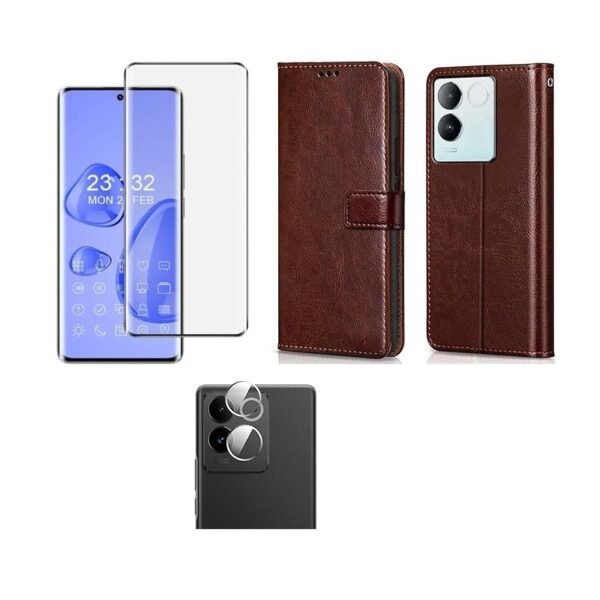 3 in 1 Combo Pack for iQOO Z7 Pro | Vivo T2 Pro 5G – Flip Brown (Back Cover + Camera Lens Protector + Tempered Glass)