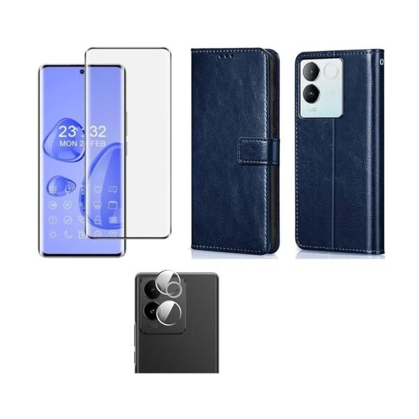 3 in 1 Combo Pack for iQOO Z7 Pro | Vivo T2 Pro 5G – Flip Blue (Back Cover + Camera Lens Protector + Tempered Glass)