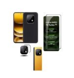 3 in 1 Combo Pack for Realme Narzo 70 Turbo 5G – Silicone Black (Back Cover + Camera Lens Protector + Tempered Glass)