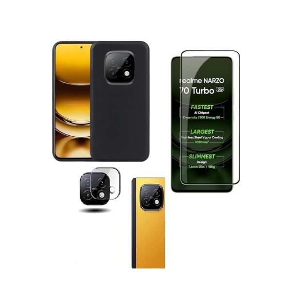 3 in 1 Combo Pack for Realme Narzo 70 Turbo 5G – Silicone Black (Back Cover + Camera Lens Protector + Tempered Glass)