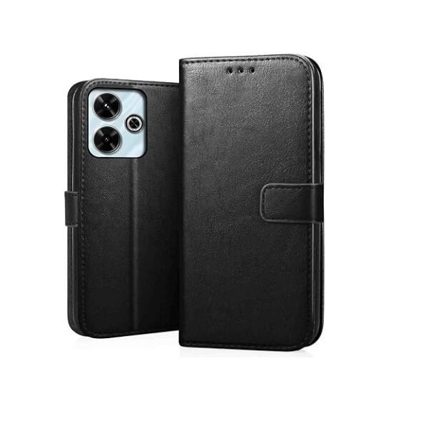 Redmi 13 (5G) Flip Cover | Leather Finish | Inside Pockets & Inbuilt Stand | Shockproof Wallet Style Magnetic Closure Back Case Flipcover (Black)