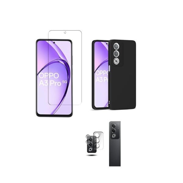 3 in 1 Combo Pack for Oppo A3 Pro 5G – Silicone Black (Back Cover + Camera Lens Protector + Tempered Glass)