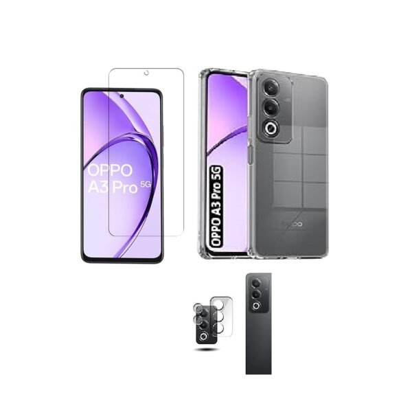 3 in 1 Combo Pack for Oppo A3 Pro 5G – Transparent (Back Cover + Camera Lens Protector + Tempered Glass)