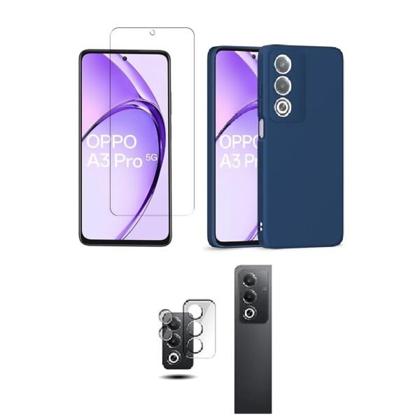 3 in 1 Combo Pack for Oppo A3 Pro 5G – Silicone Blue (Back Cover + Camera Lens Protector + Tempered Glass)