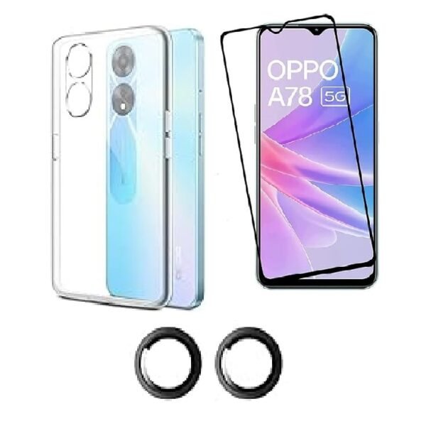 3 in 1 Combo Pack for Oppo A78 5G – Transparent Back (Back Cover + Camera Lens Protector + Tempered Glass)