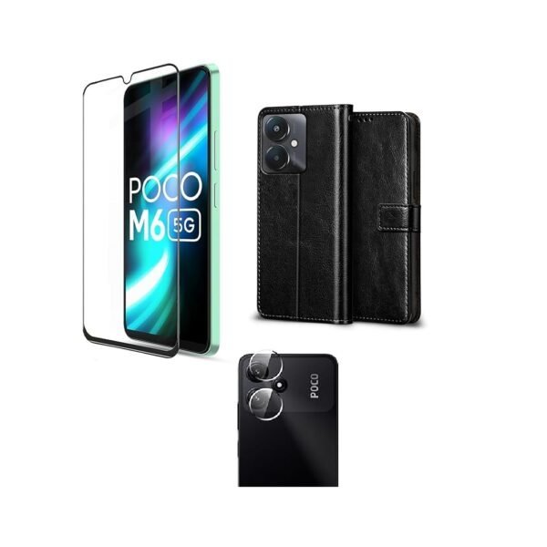 3 in 1 Combo Pack for Mi Redmi 13C 5G | Redmi 13C 4G | Poco M6 5G | Poco C65 – Flip Black (Back Cover + Camera Lens Protector + Tempered Glass)