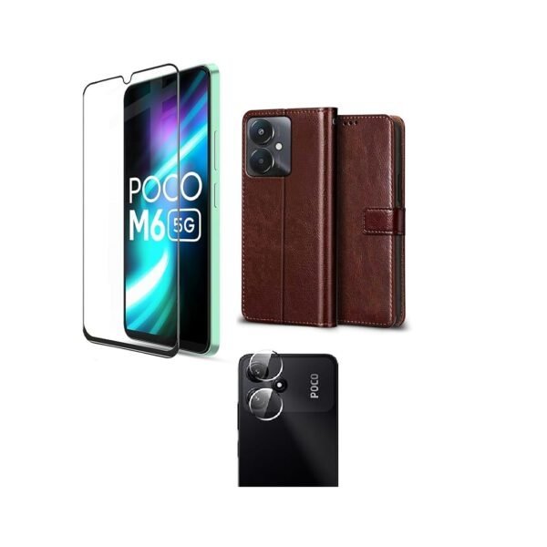 3 in 1 Combo Pack for Mi Redmi 13C 5G | Redmi 13C 4G | Poco M6 5G | Poco C65 – Flip Brown (Back Cover + Camera Lens Protector + Tempered Glass)