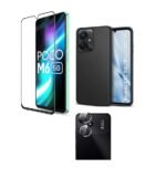 3 in 1 Combo Pack for Mi Redmi 13C 5G | Redmi 13C 4G | Poco M6 5G | Poco C65 – Silicone Black (Back Cover + Camera Lens Protector + Tempered Glass)