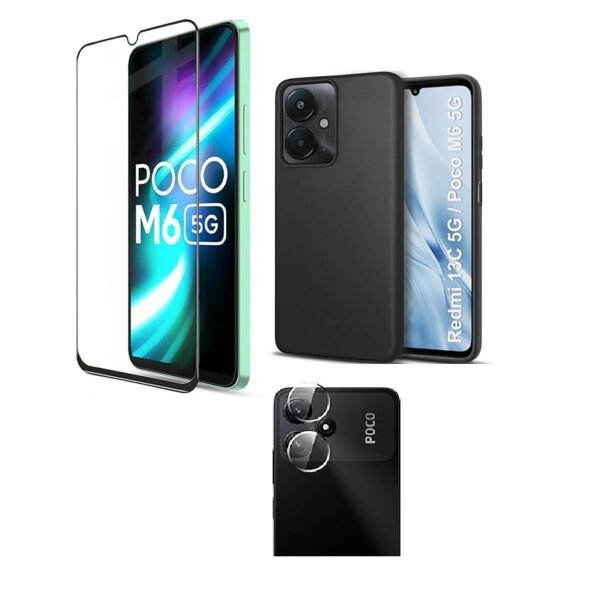 3 in 1 Combo Pack for Mi Redmi 13C 5G | Redmi 13C 4G | Poco M6 5G | Poco C65 – Silicone Black (Back Cover + Camera Lens Protector + Tempered Glass)