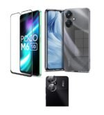 3 in 1 Combo Pack for Mi Redmi 13C 5G | Redmi 13C 4G | Poco M6 5G | Poco C65 – Transparent (Back Cover + Camera Lens Protector + Tempered Glass)