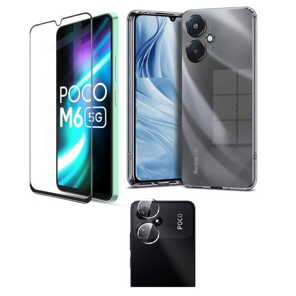 3 in 1 Combo Pack for Mi Redmi 13C 5G | Redmi 13C 4G | Poco M6 5G | Poco C65 – Transparent (Back Cover + Camera Lens Protector + Tempered Glass)