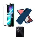 3 in 1 Combo Pack for Mi Redmi 13C 5G | Redmi 13C 4G | Poco M6 5G | Poco C65 – Silicone Blue (Back Cover + Camera Lens Protector + Tempered Glass)