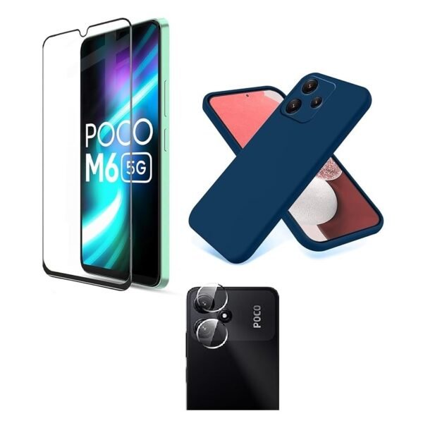 3 in 1 Combo Pack for Mi Redmi 13C 5G | Redmi 13C 4G | Poco M6 5G | Poco C65 – Silicone Blue (Back Cover + Camera Lens Protector + Tempered Glass)