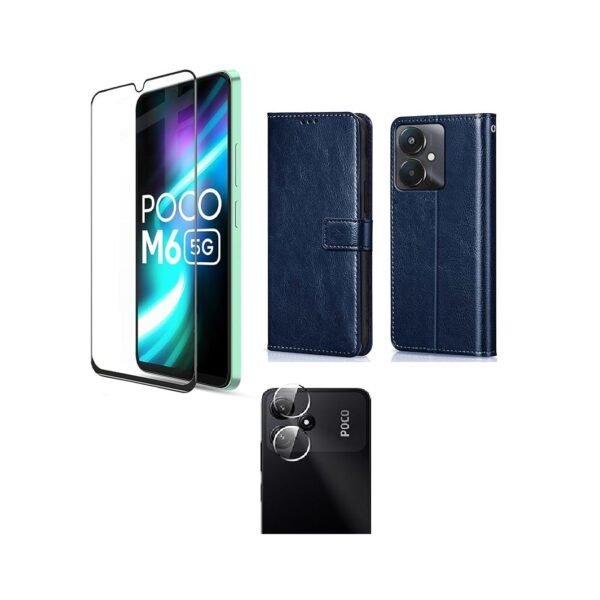 3 in 1 Combo Pack for Mi Redmi 13C 5G | Redmi 13C 4G | Poco M6 5G | Poco C65 – Flip Blue (Back Cover + Camera Lens Protector + Tempered Glass)