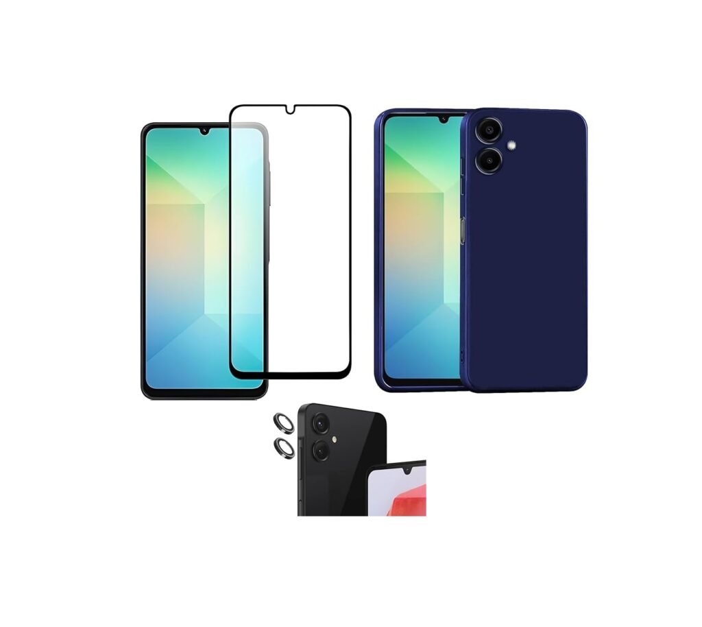 3 in 1 Combo Pack for Samsung Galaxy A06 – Silicone Blue (Back Cover + Camera Lens Protector + Tempered Glass)