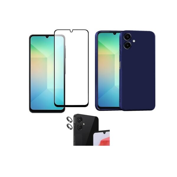 3 in 1 Combo Pack for Samsung Galaxy A06 – Silicone Blue (Back Cover + Camera Lens Protector + Tempered Glass)