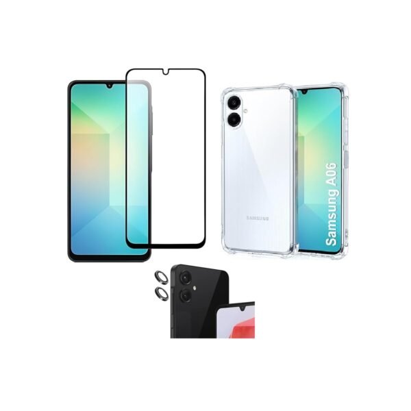 3 in 1 Combo Pack for Samsung Galaxy A06 – Silicone Transparent (Back Cover + Camera Lens Protector + Tempered Glass)