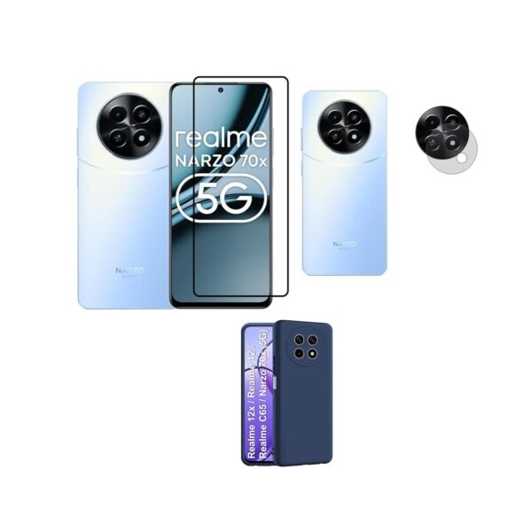 3 in 1 Combo Pack for Realme Narzo 70x 5G | Realme 13 5G | Realme 12 5G | 12X 5G | C65 5G | N65 – Silicone Blue (Back Cover + Camera Lens Protector + Tempered Glass)