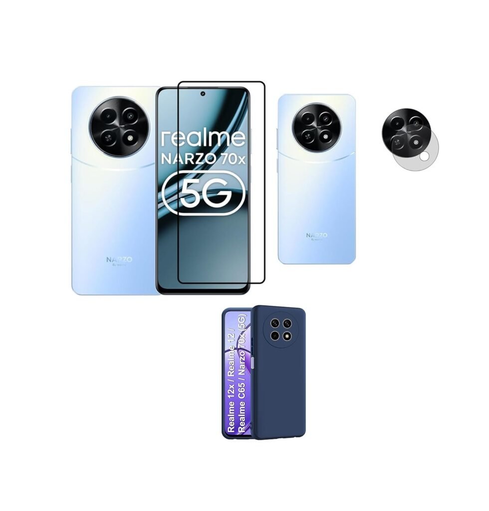3 in 1 Combo Pack for Realme Narzo 70x 5G | Realme 13 5G | Realme 12 5G | 12X 5G | C65 5G | N65 – Silicone Blue (Back Cover + Camera Lens Protector + Tempered Glass)