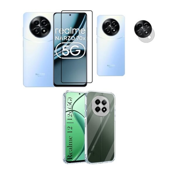 3 in 1 Combo Pack for Realme Narzo 70x 5G| Realme 13 5G | Realme 12 5G | 12X 5G | C65 5G | N65 – Transparent Case (Back Cover + Camera Lens Protector + Tempered Glass)