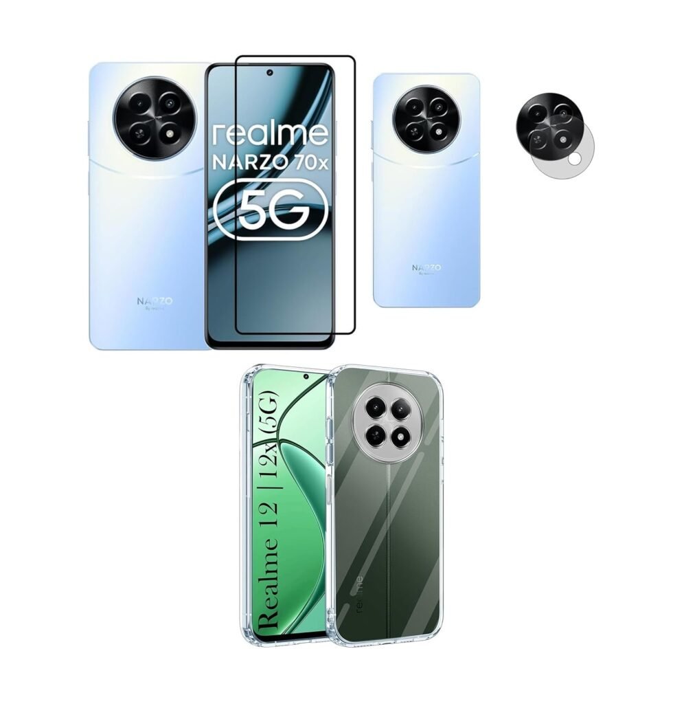 3 in 1 Combo Pack for Realme Narzo 70x 5G| Realme 13 5G | Realme 12 5G | 12X 5G | C65 5G | N65 – Transparent Case (Back Cover + Camera Lens Protector + Tempered Glass)