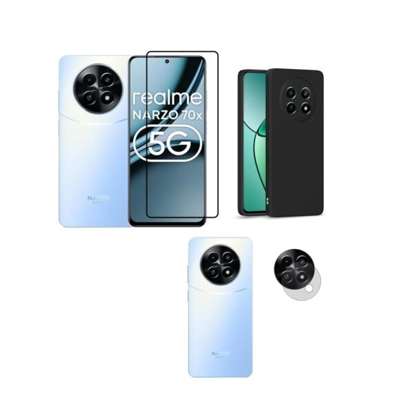 3 in 1 Combo Pack for Realme Narzo 70x 5G | Realme 13 5G | Realme 12 5G | 12X 5G | C65 5G | N65– Silicone Black (Back Cover + Camera Lens Protector + Tempered Glass)