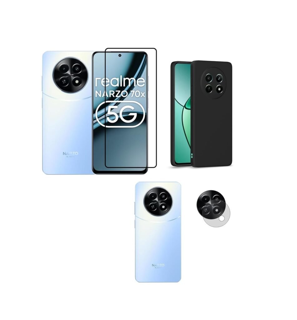 3 in 1 Combo Pack for Realme Narzo 70x 5G | Realme 13 5G | Realme 12 5G | 12X 5G | C65 5G | N65– Silicone Black (Back Cover + Camera Lens Protector + Tempered Glass)
