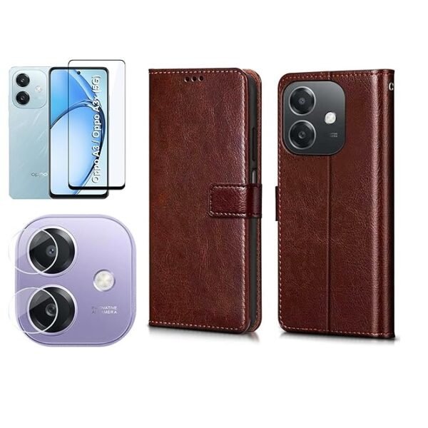 3 in 1 Combo Pack for Oppo A3x / A3 (5G) – Flip Brown (Back Cover + Camera Lens Protector + Tempered Glass)