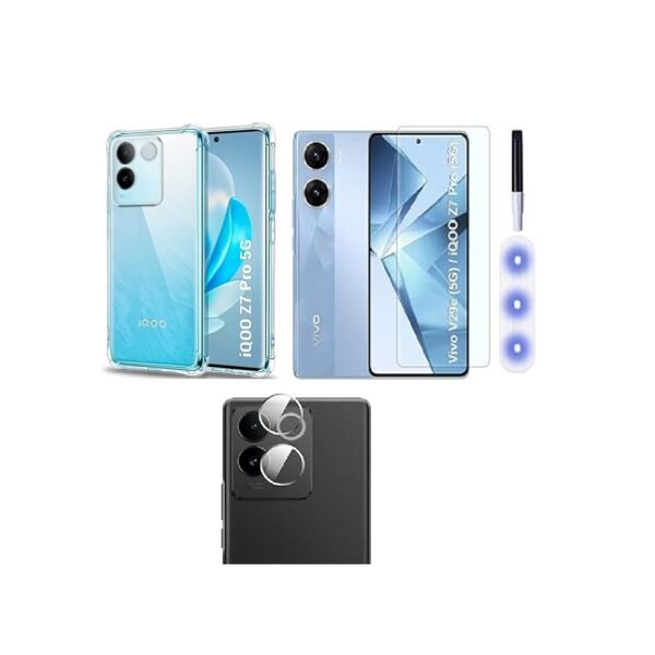 3 in 1 Combo Pack for iQOO Z7 Pro/Vivo T2 Pro 5G – Silicone Transparent (Back Cover + Camera Lens Protector + Tempered Glass)