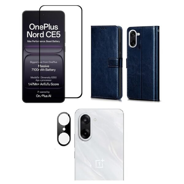 3 in 1 Combo Pack for OnePlus Nord CE 5 – Flip Blue Back Cover (Back Cover + Camera Lens Protector + Tempered Glass)