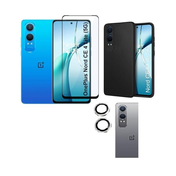 3 in 1 Combo Pack for ‎OnePlus Nord CE4 Lite 5G – Silicone Black (Back Cover + Camera Lens Protector + Tempered Glass)
