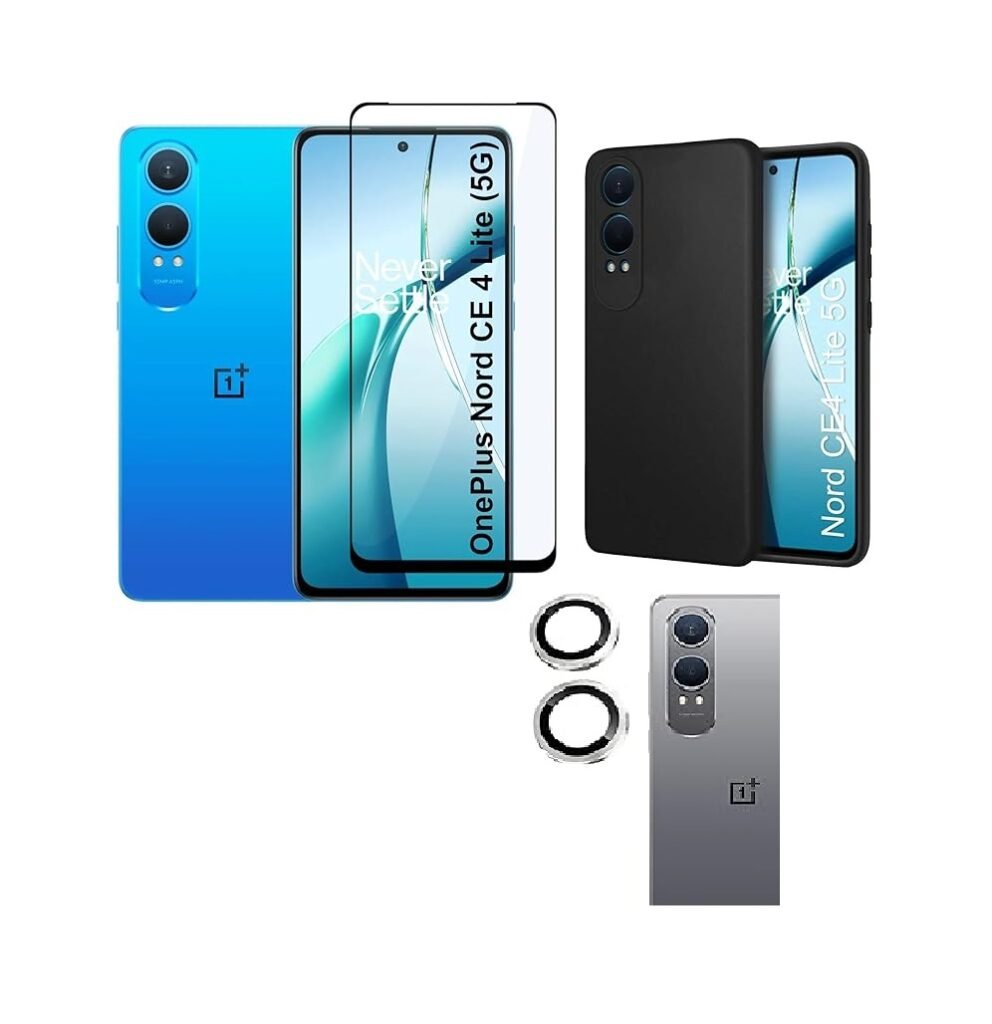 3 in 1 Combo Pack for ‎OnePlus Nord CE4 Lite 5G – Silicone Black (Back Cover + Camera Lens Protector + Tempered Glass)