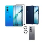 3 in 1 Combo Pack for OnePlus Nord CE4 Lite 5G – Silicone Blue (Back Cover + Camera Lens Protector + Tempered Glass)