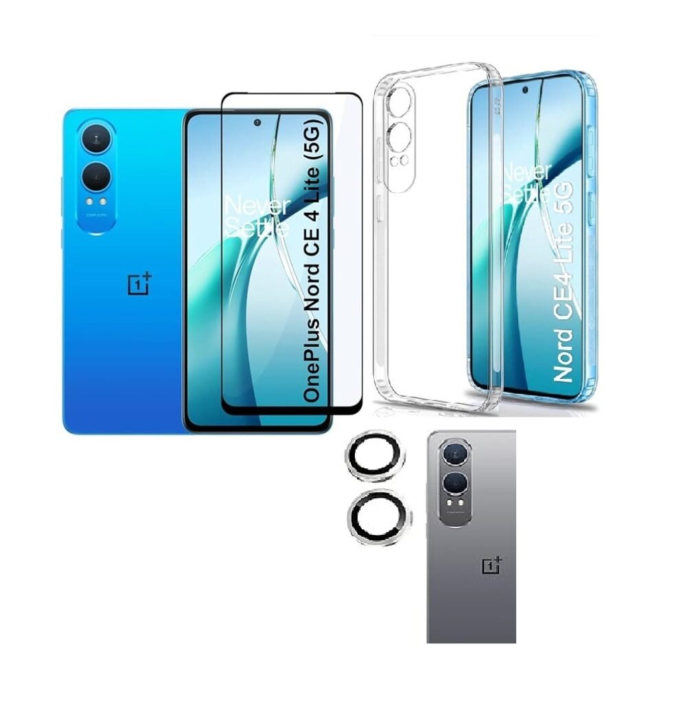 3 in 1 Combo Pack for ‎OnePlus Nord CE4 Lite 5G – Transparent Case (Back Cover + Camera Lens Protector + Tempered Glass)