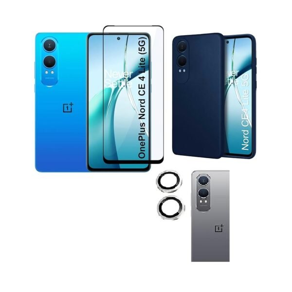 3 in 1 Combo Pack for OnePlus Nord CE4 Lite 5G – Silicone Blue (Back Cover + Camera Lens Protector + Tempered Glass)