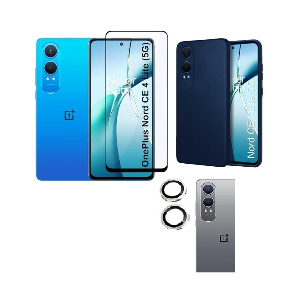 3 in 1 Combo Pack for OnePlus Nord CE4 Lite 5G – Silicone Blue (Back Cover + Camera Lens Protector + Tempered Glass)