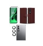 3 in 1 Combo Pack for OnePlus Nord CE 4 5G – Flip Brown Case (Back Cover + Camera Lens Protector + Tempered Glass)