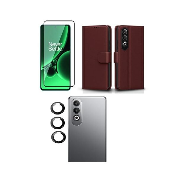 3 in 1 Combo Pack for OnePlus Nord CE 4 5G – Flip Brown Case (Back Cover + Camera Lens Protector + Tempered Glass)