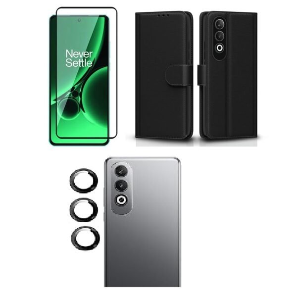 3 in 1 Combo Pack for OnePlus Nord CE 4 5G – Flip Black (Back Cover + Camera Lens Protector + Tempered Glass)