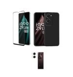 3 in 1 Combo Pack for iQOO Z9 Lite 5G – Silicone Black (Back Cover + Camera Lens Protector + Tempered Glass)