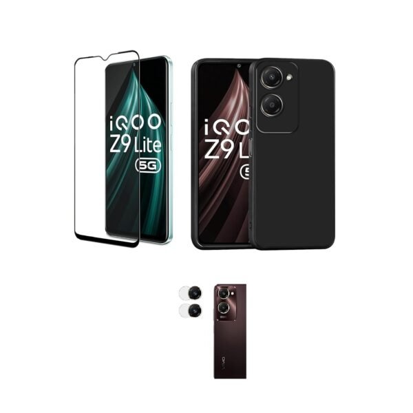 3 in 1 Combo Pack for iQOO Z9 Lite 5G – Silicone Black (Back Cover + Camera Lens Protector + Tempered Glass)