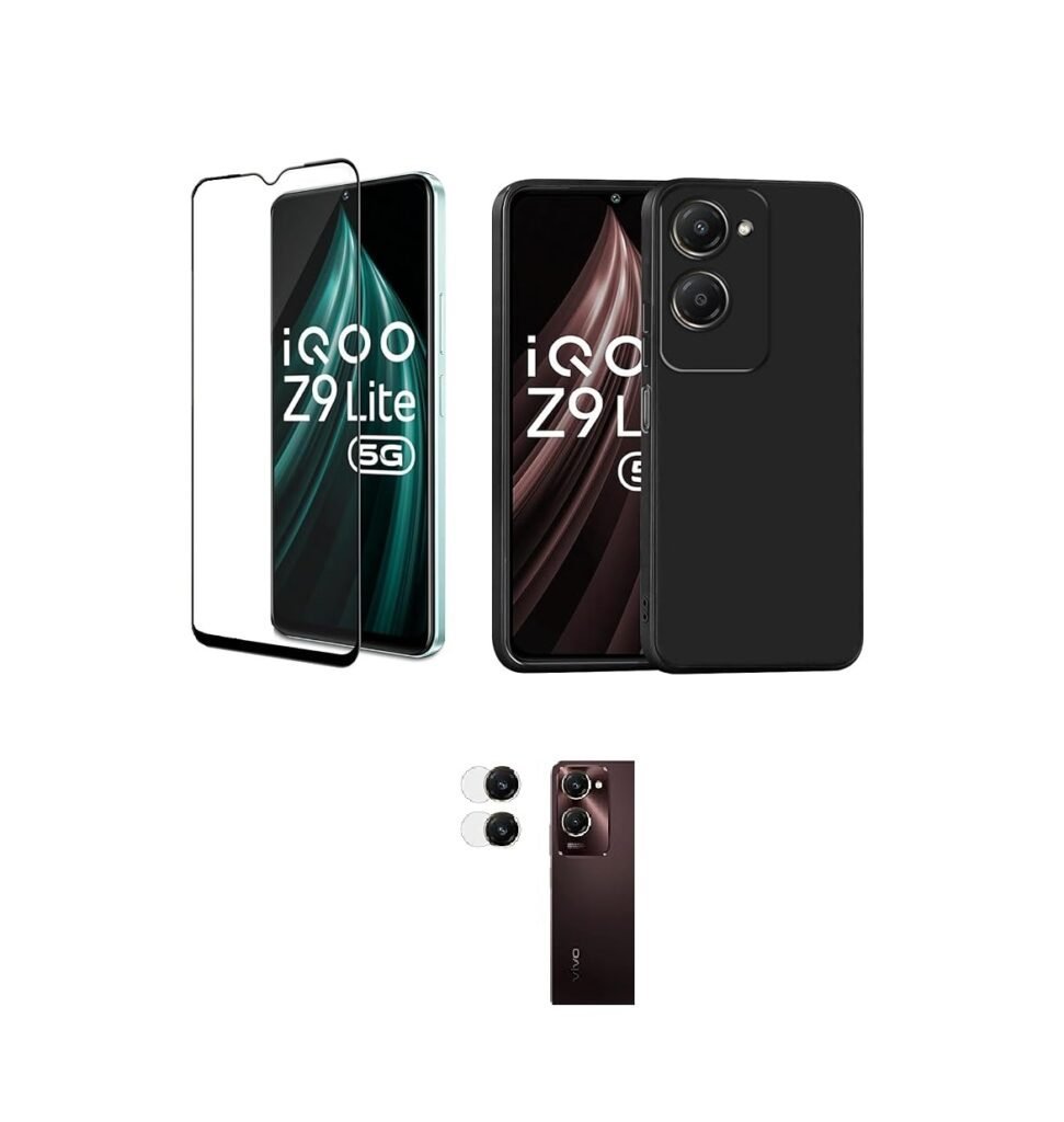 3 in 1 Combo Pack for iQOO Z9 Lite 5G – Silicone Black (Back Cover + Camera Lens Protector + Tempered Glass)