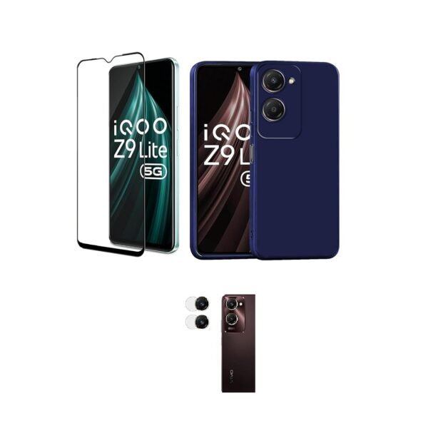 3 in 1 Combo Pack for iQOO Z9 Lite 5G – Silicone Blue (Back Cover + Camera Lens Protector + Tempered Glass)