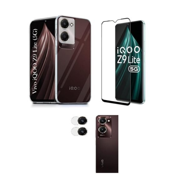 3 in 1 Combo Pack for iQOO Z9 Lite 5G – Silicone Transparent (Back Cover + Camera Lens Protector + Tempered Glass)