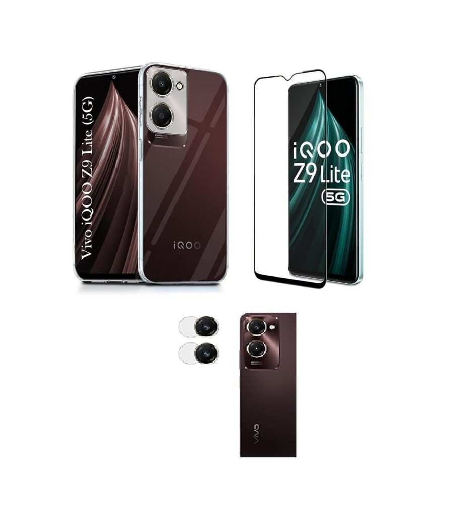3 in 1 Combo Pack for iQOO Z9 Lite 5G – Silicone Transparent (Back Cover + Camera Lens Protector + Tempered Glass)