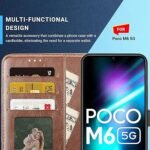 Poco M6 5G Flip Cover | Leather Finish | Inside Pockets & Stand | Shockproof Wallet Style Magnetic Closure (Brown)