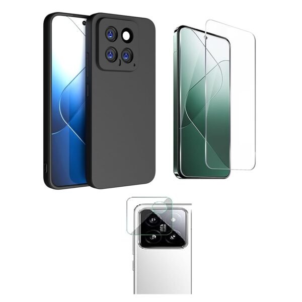 3 in 1 Combo Pack for Xiaomi 14 5G – Silicone Black (Back Cover + Camera Lens Protector + Tempered Glass)