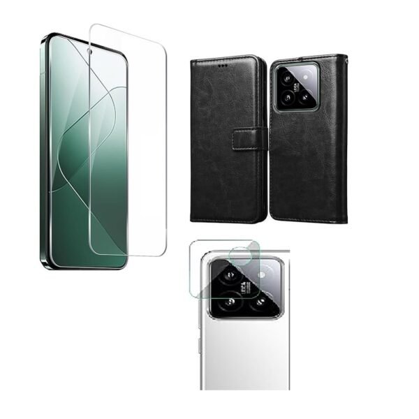 3 in 1 Combo Pack for Xiaomi 14 5G – Flip Black (Back Cover + Camera Lens Protector + Tempered Glass)