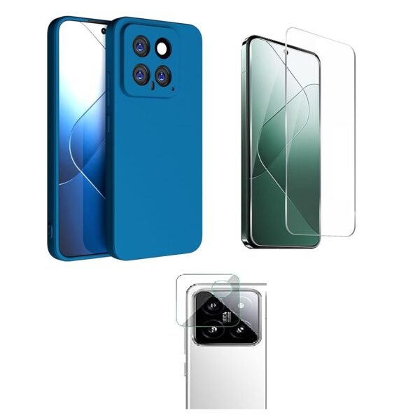 3 in 1 Combo Pack for Xiaomi 14 5G – Silicone Blue (Back Cover + Camera Lens Protector + Tempered Glass)