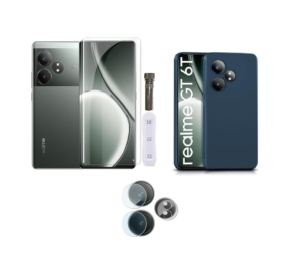 3 in 1 Combo Pack for Realme GT 6T 5G – Silicone Blue (Back Cover + Camera Lens Protector + Tempered Glass)